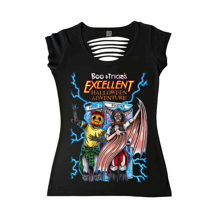 BOO & TRICIA'S EXCELLENT HALLOWEEN ADVENTURE WOMEN'S CUT BACK T-SHIRT